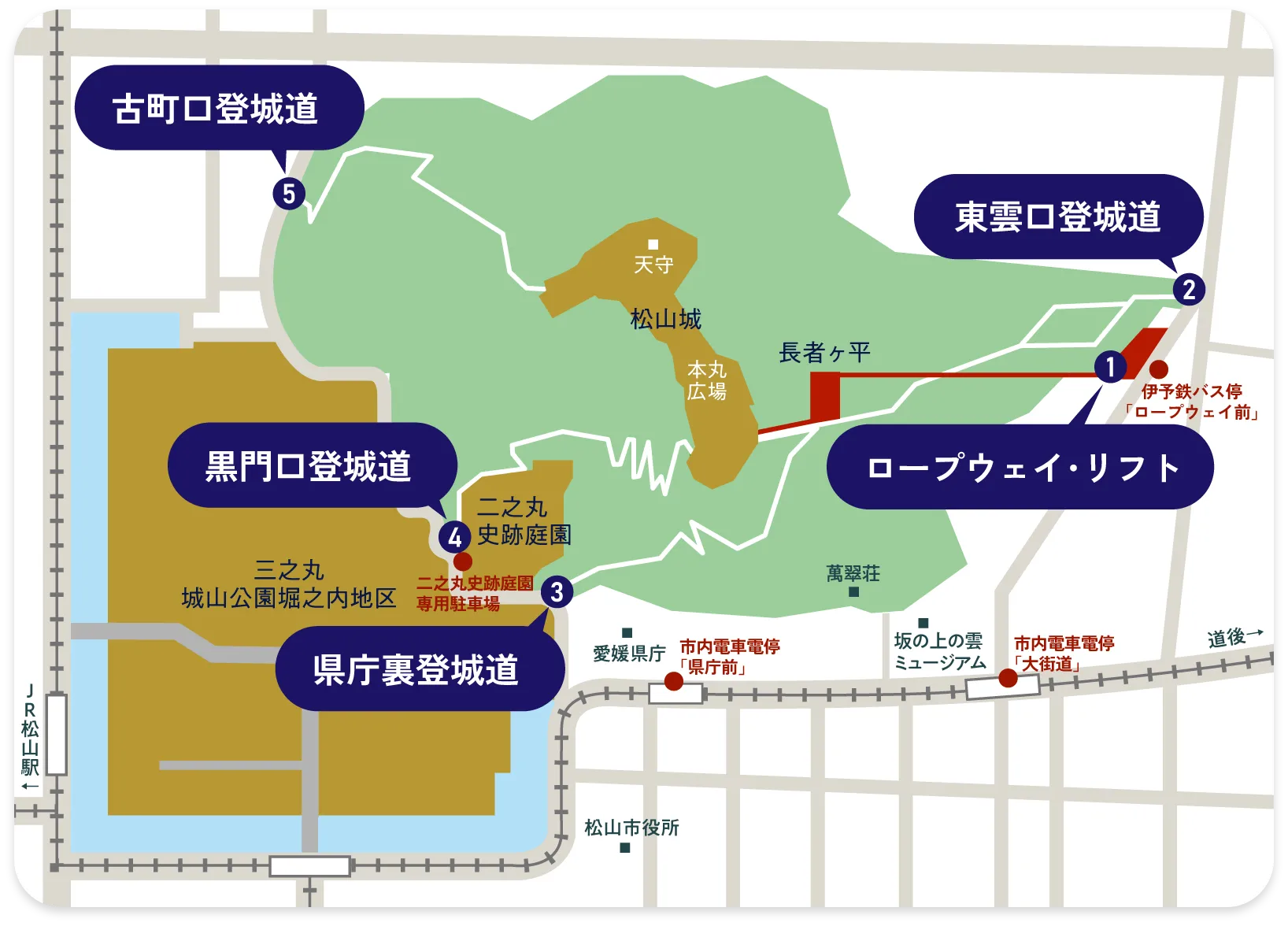 松山城全域と各搭城口の地図