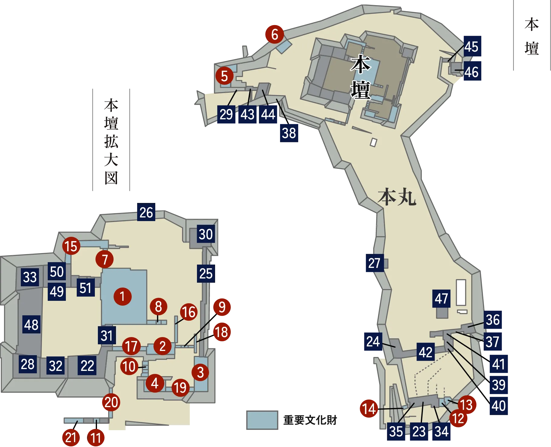 本壇（本壇拡大図）内の重要文化財と復興建造物の配置図